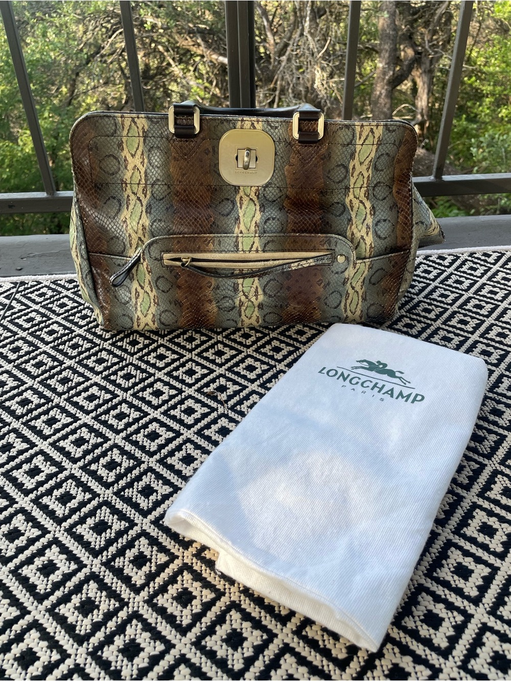 LONGCHAMP Python-Print Leather Bag in Brown, Green & Blue
